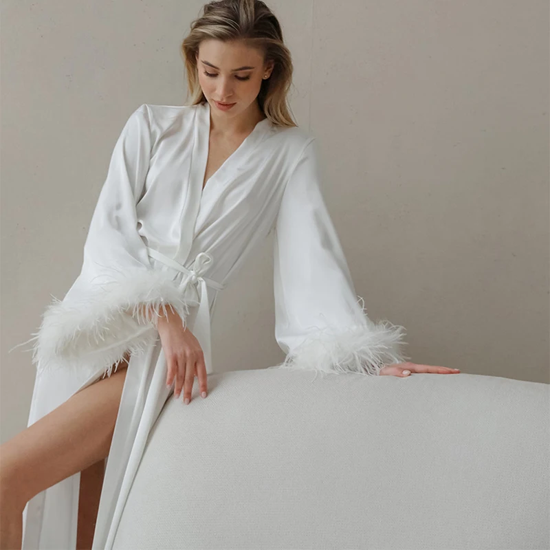 

Women Spa Robes Satin Long Sleeve Front Open Lace-Up Pajamas Autumn Chic Feather Lounge Nightgown