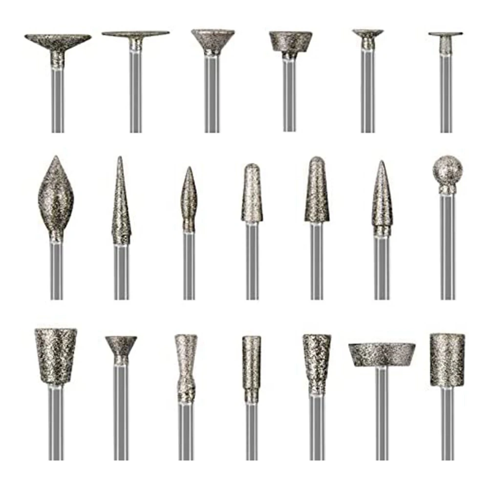 

Stone Carving Set Diamond Burr Bits 20PCS Polishing Kits Rotary Tools Accessories with 1/8 Inch Shank for Carving