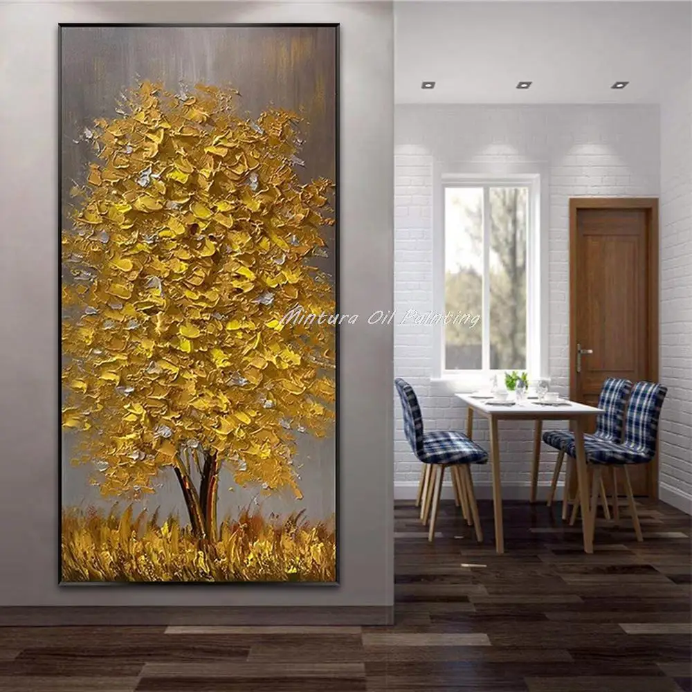 

Mintura ручная роспись Золотые листья дерево Масляные картины на канва Современное абстрактное настенное искусство картина для гостиной вход украшение
