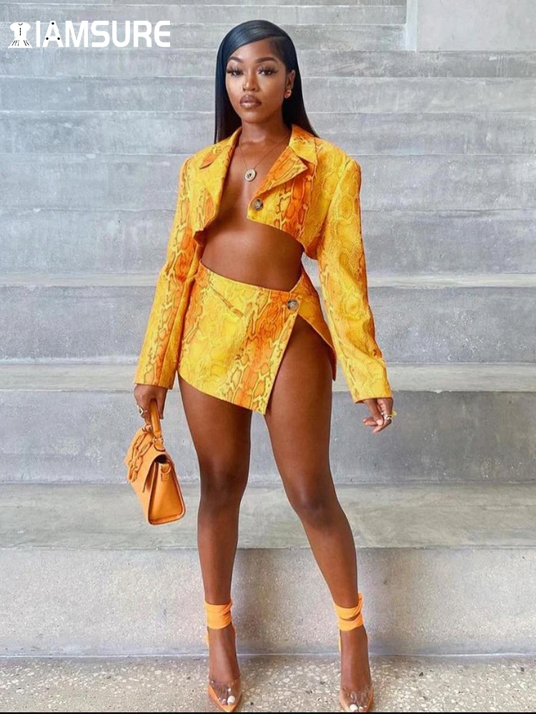 

Сексуальный облегающий комплект IAMSURE с принтом, Женская Клубная одежда 2022, комплекты из 2 предметов, юбка с отложным воротником и разрезом ср...