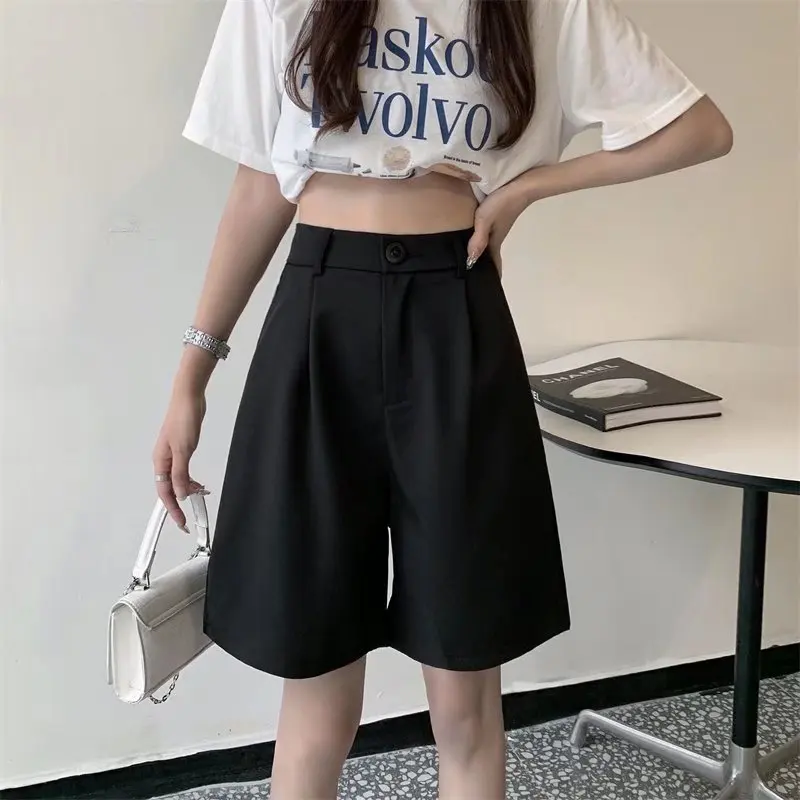 High Waisted Wide Leg Suits Shorts Womens Summer Office Lady Casual Loose Shorts for Women Solid Black Knee Length Baggy Shorts