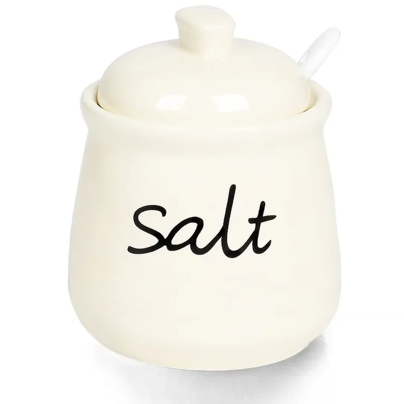 

Salt Bowl,Ceramic Salt Jar with Lid and Spoon for Home and Kitchen 12oz, Beige