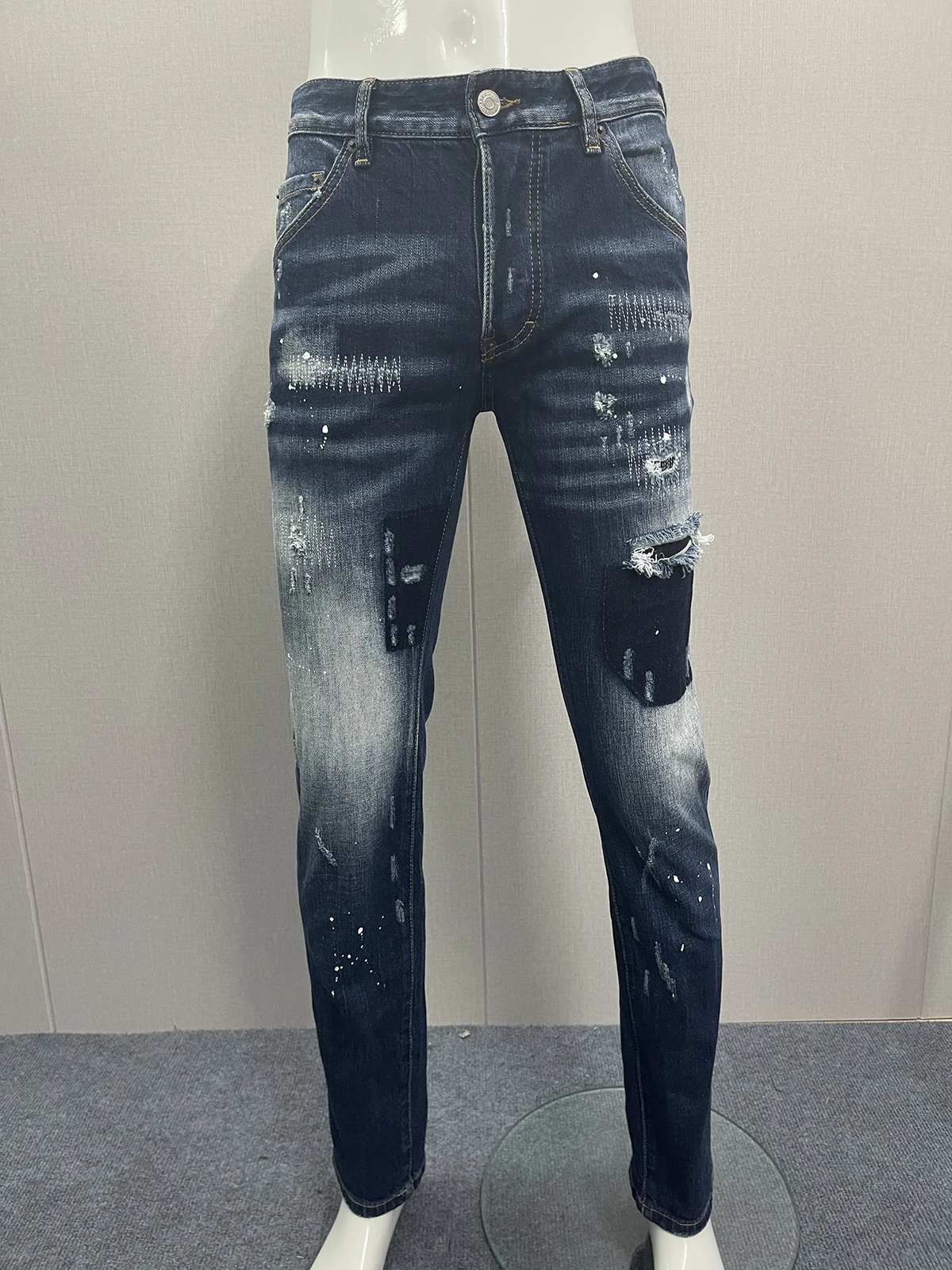 

2023 Hot Sale Jeans Men's Slim Fit Small Feet Casual Black Grey Car Stray Patch Slightly Elastic Washing Tide