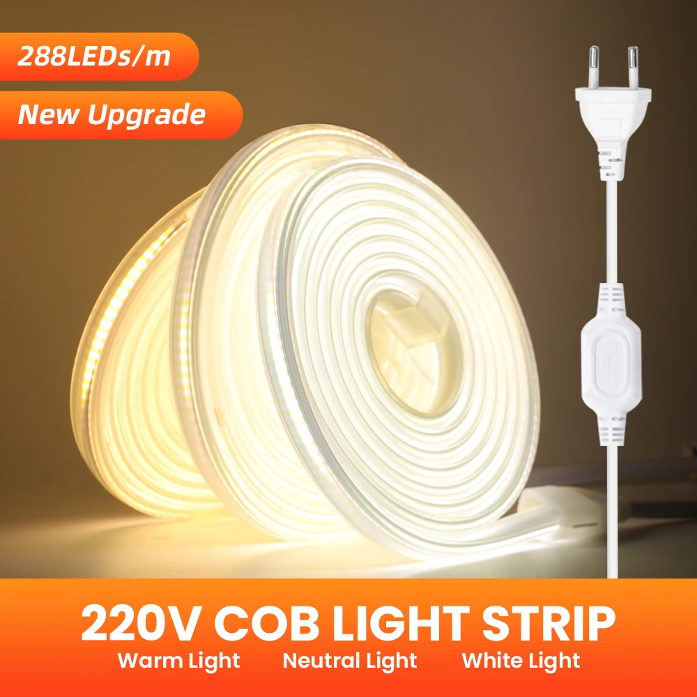 

AC 220V COB LED Strip Waterproof 288leds/m EU/UK Plug 3000K 6000K Garden Bedroon Kitchen Decor Flexible Ribbon Tape FOB Lights