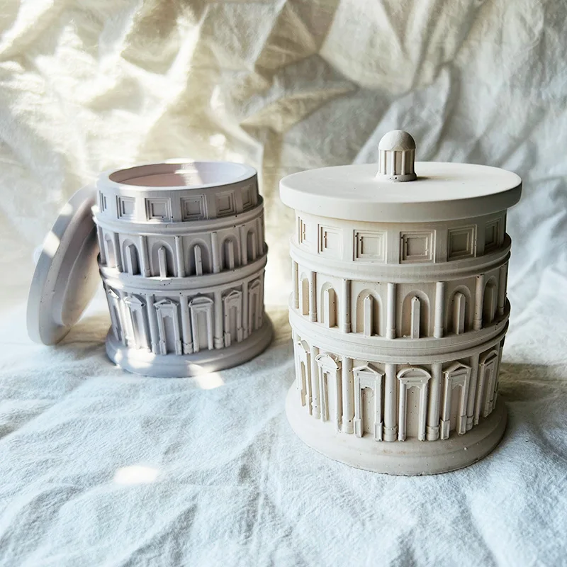 Molde de silicona para tarro de vela con tapa, diseño de panteón romano, recipiente de vela de hormigón, tanque de almacenamiento, molde de resina epoxi