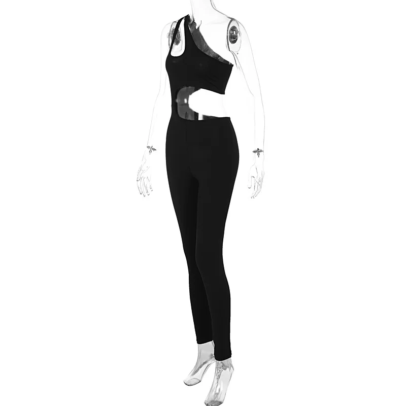European-American Style Summer New Solid Color One-Shoulder Hollowed-Out Fitness Jumpsuit