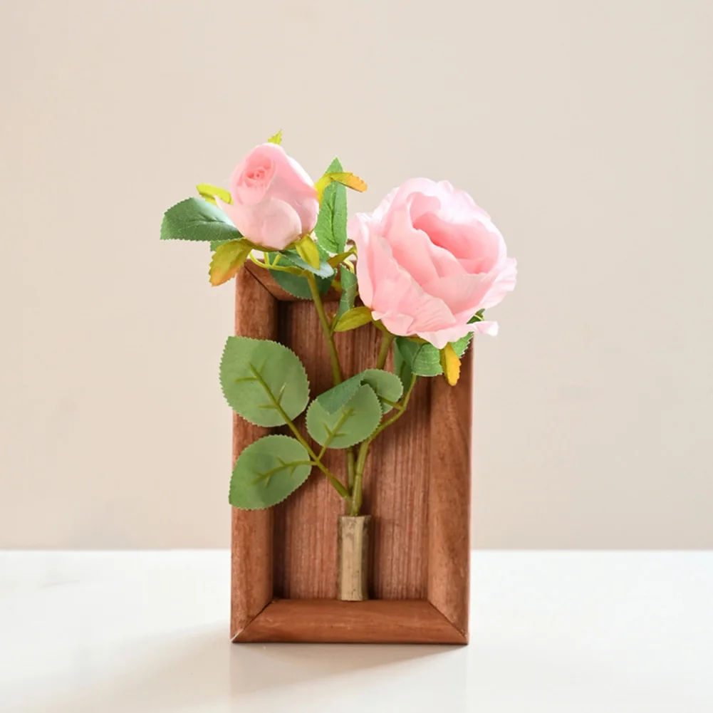 

Wooden Photo Frames Artificial Rose Flowers Silk Long Branch Bouquet For Wedding Home Room Table Wall Mounted Decor Fake Plant