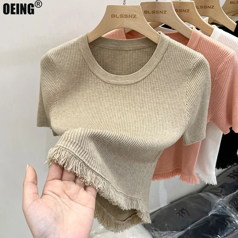 

Summer Chic Tassel Knit Short Sleeve T-shirts Solid Bodycon O-Neck All-match Elastic Top Women Vintage Fashion Female Clothing