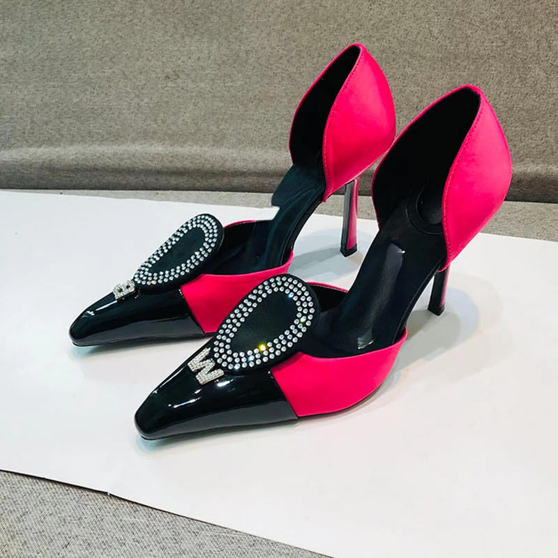 Women's Hollow Sandals 2023 Spring and Autumn New Color Block Letter Water Diamond Small Square Head High Heel Banquet Shoes