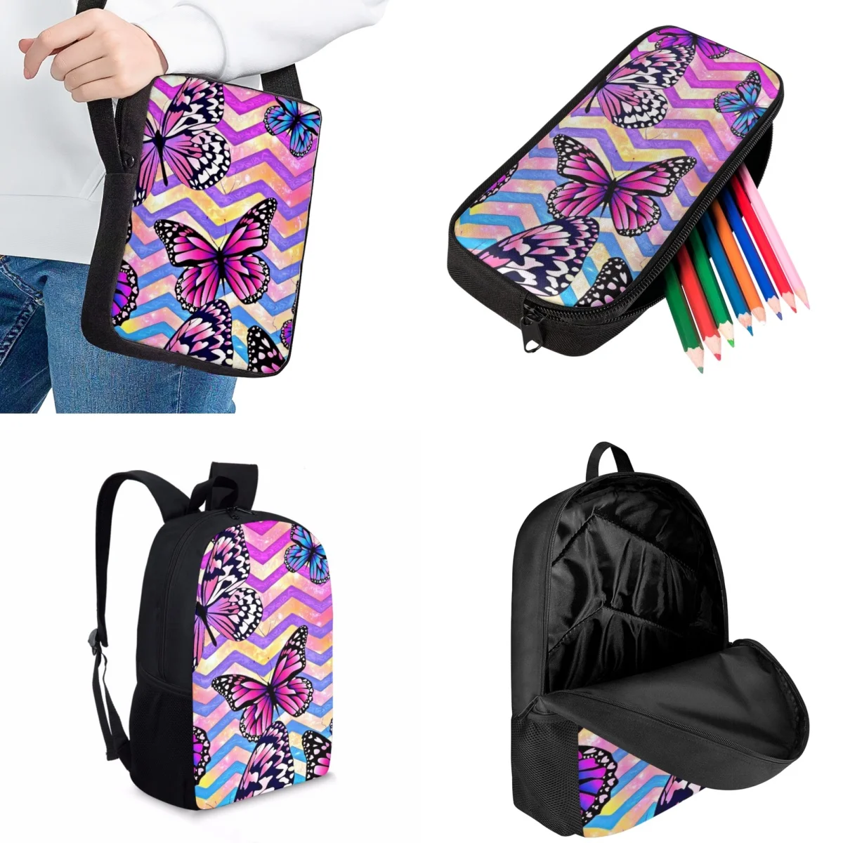 Jackherelook Trendy Butterfly Pattern Kids Schoolbag Set Practical Travel Backpacks For Girls Kids Book Bags Large Capacity