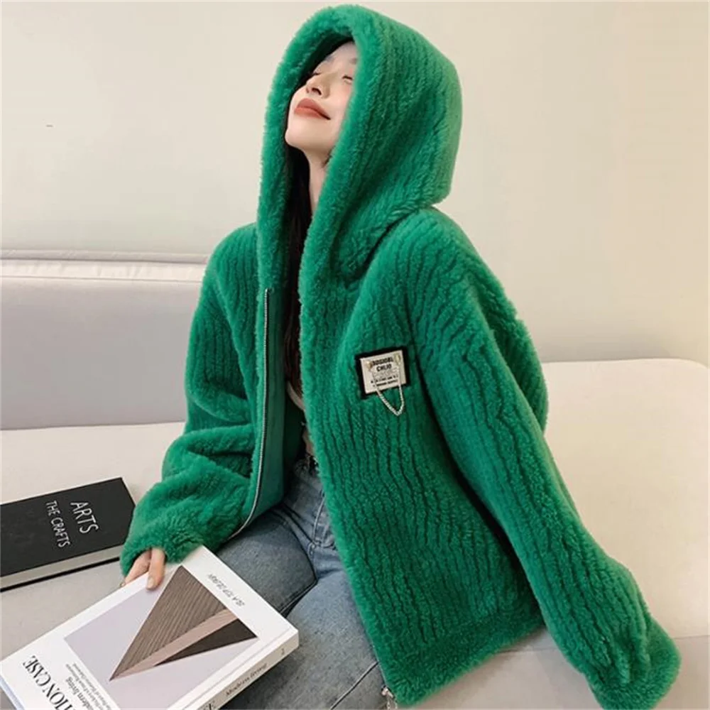 

New Hooded Lamb Coat Women Fur Coat Zip casual coat loose warm jacket