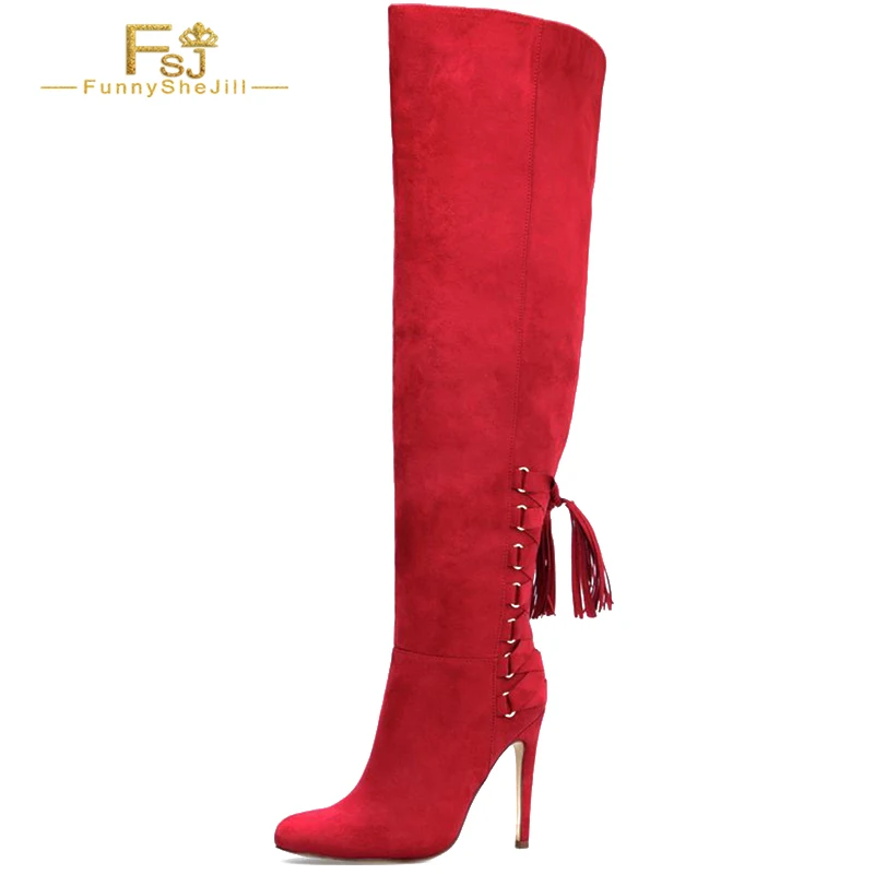 

Red Round Toe Stiletto Over-The-Knee Boots Women'S Heel Cross Strap High Boots Plus Size 15 16