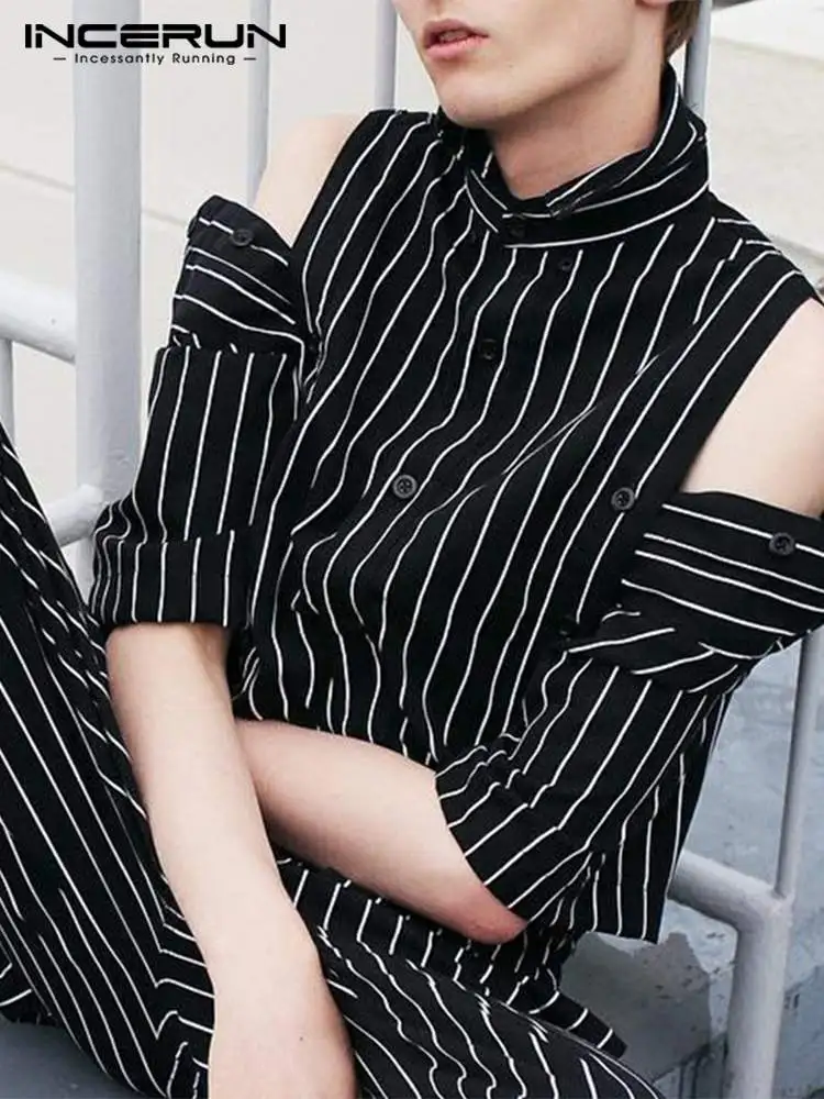 

INCERUN Men Striped Shirt Lapel Off Shoulder Short Sleeve Streetwear Button Casual Men Clothing 2022 Fashion Camisas S-5XL