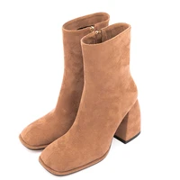 warm daily shoes booty square toe suede upper chunky high heel ankle boots side zipper for women big size 45