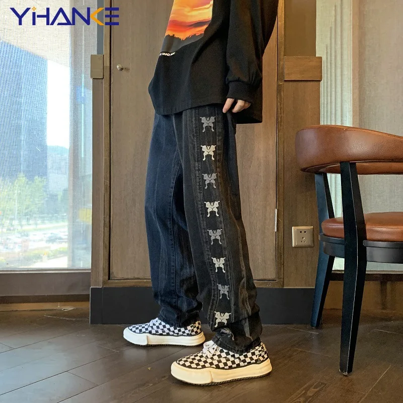 Pantalones vaqueros Harajuku con bordado de mariposa para hombre, Jeans negros sueltos de pierna recta, Hip Hop, S-3XL