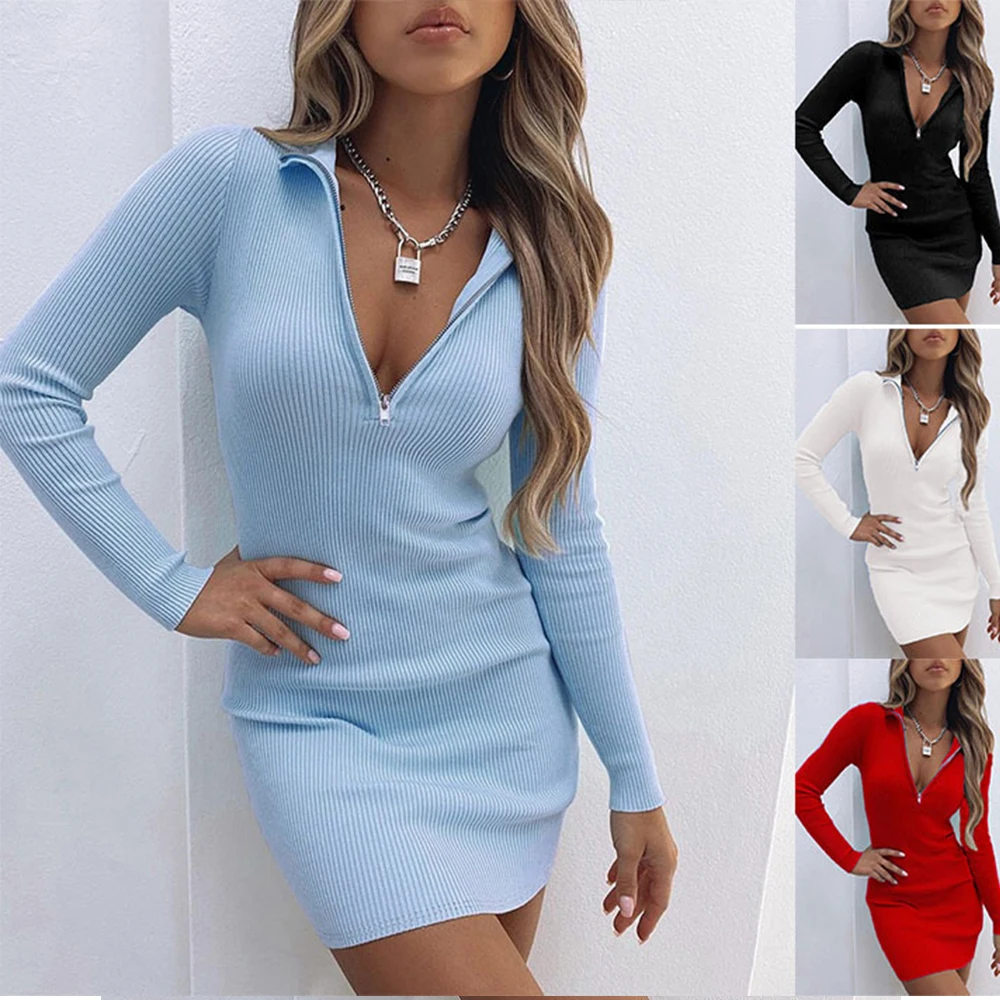 

2023 Autumn European and American Fashion New Polo Neck Zipper High Waist Long Sleeve Bottom Dress Wrapped Hip Short Dress