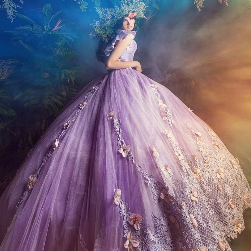 

2023 Lavender Shiny Ball Gown Quinceanera Dresses Lace Patterned Applique Beading 3DFlower Off Shoulder Prom Party Dress