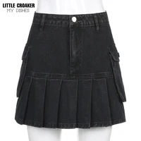 jeans mini skirt goth denim pleated skirts with big pockets women girl summer punk y2k black faldas high waist korean fashion