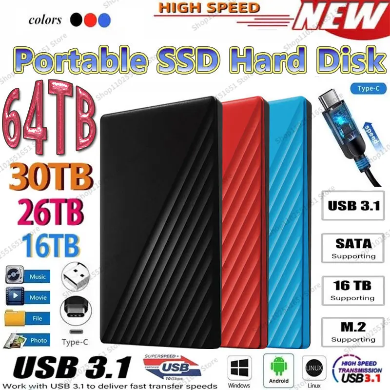 

2023 New Portable SSD 500GB 2TB 4TB 16TB External Hard Drive Type-C USB 3.0 High Speed External Storage Hard Disks For Laptops