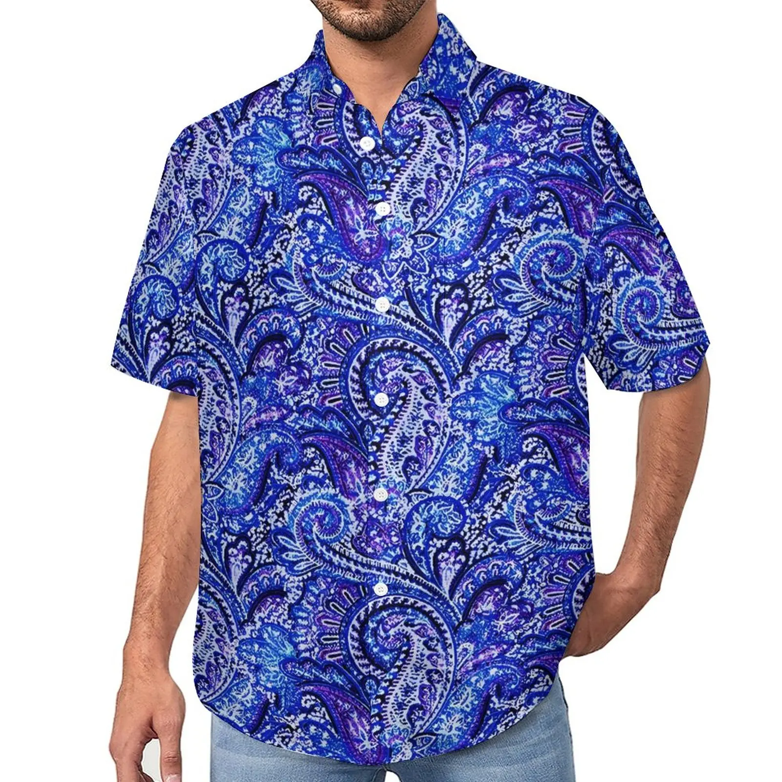 

Vibrant Blue Paisley Blouses Male Retro Print Casual Shirts Summer Short Sleeve Design Stylish Oversize Vacation Shirt Gift Idea