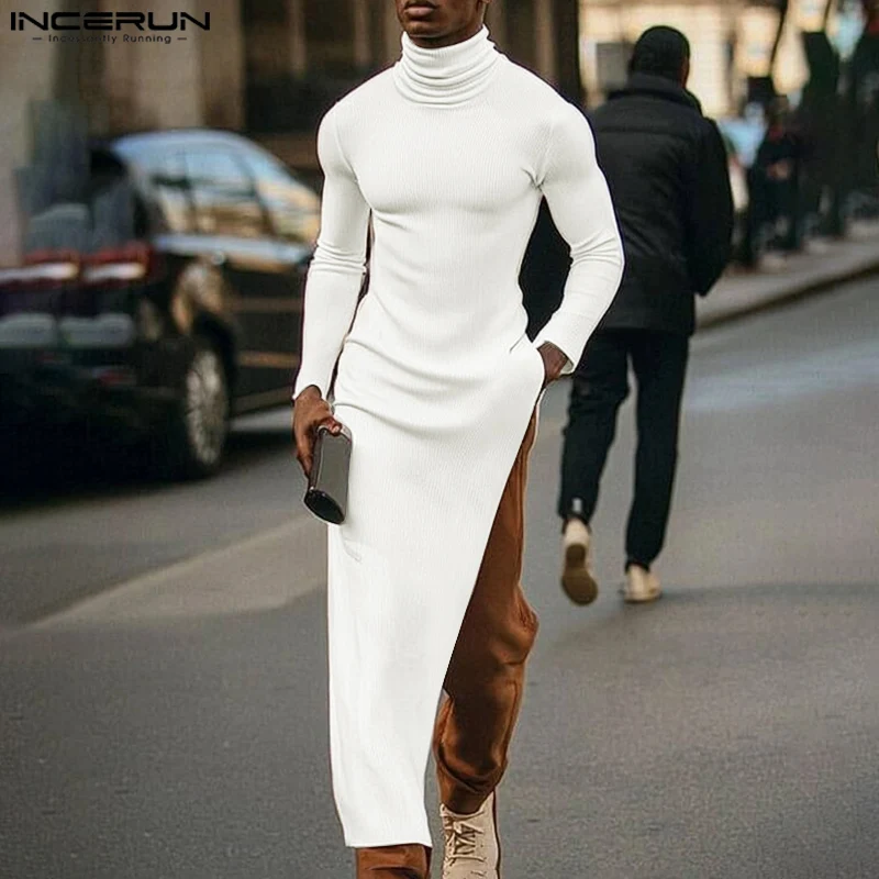 INCERUN однотонные пуловеры с длинными разрезами 2024 мужские повседневные вязаные