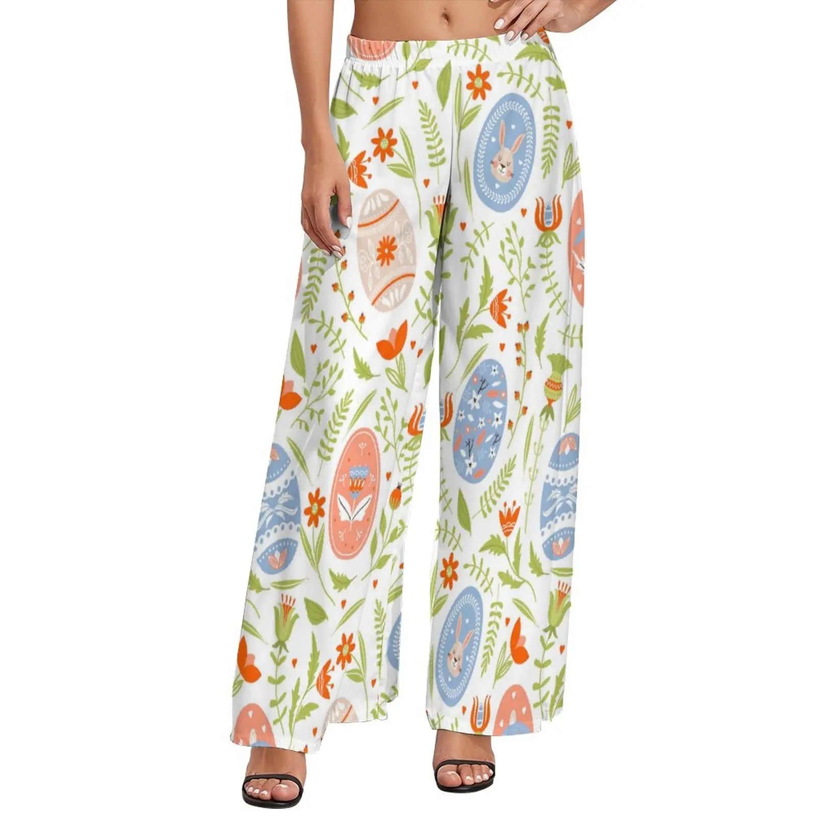 

Colorful Easter Eggs Straight Pants Flower Bunnies Collection Elegant Wide Leg Pants Women Oversized Streetwear Pattern Trousers