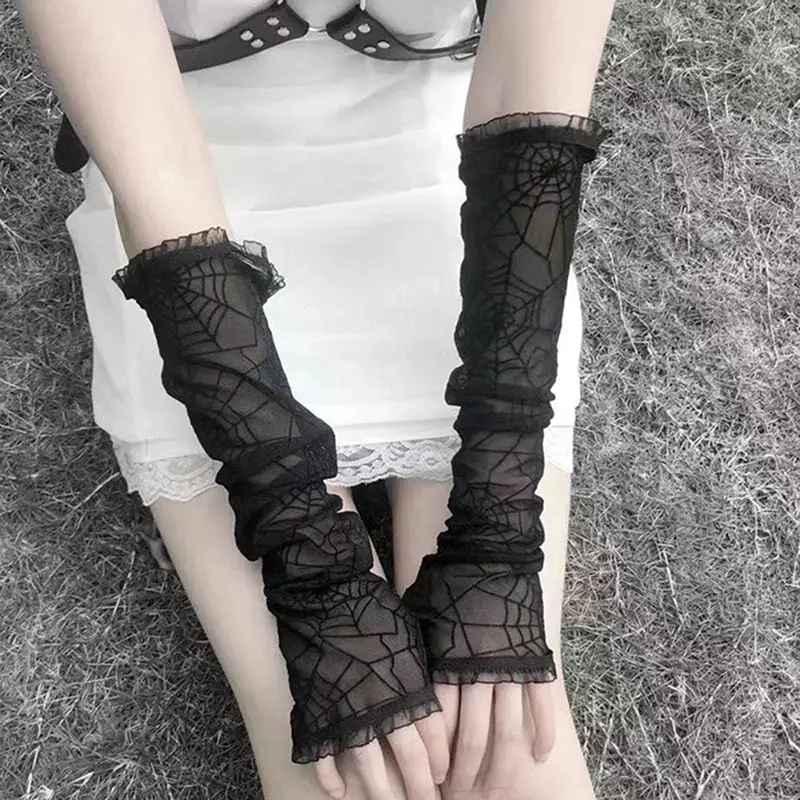 

1Pair Gothic Lolita Girls Halloween Decoration Spider Web Black Silk Gloves Fingerless Lace Mesh Mittens Punk Sexy Half Sleeves
