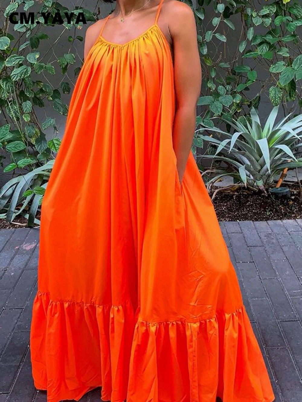 

CMYAYA Women Summer Long Maxi Dress Sexy Sleeveless Strap Loose Beach Party Night Club Bandage Female S-5XL Dresses Vestido