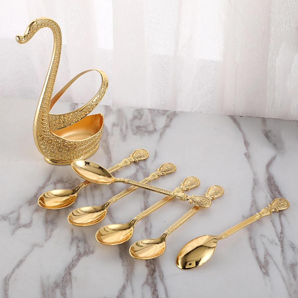 

l Creative Dinnerware Set Decorative Swan Base Holder with 6 Spoons for Coffee Fruit Dessert Stirring MixingStainless Stee