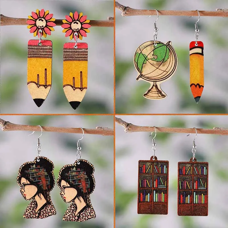 

New Daisy Sunflower Pencil Earrings Globe Pencil Brain Library Bookcase Earrings Student Teacher Double sided Wood Ear Ring Gift