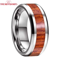 6mm 8mm koa wood inlay mens womens tungsten ring wedding band polished shiny beveled edges comfort fit