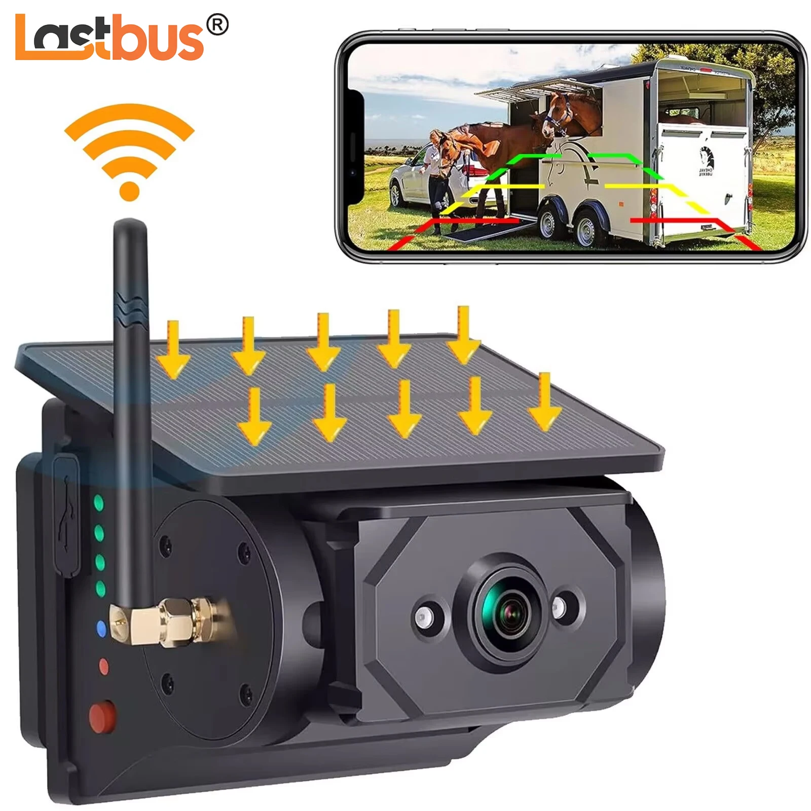 

Резервная камера с солнечной панелью Lastbus WIFI FHD с перезаряжаемой батареей, сцепч 9600 мАч, магнитное основание, приложение, камера заднего вида