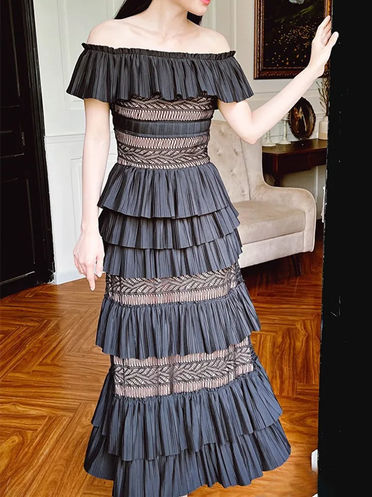 

Брендовое дизайнерское кружевное платье с открытыми плечами для женщин, винтажное платье с каскадными оборками, летнее шикарное Черное веч...