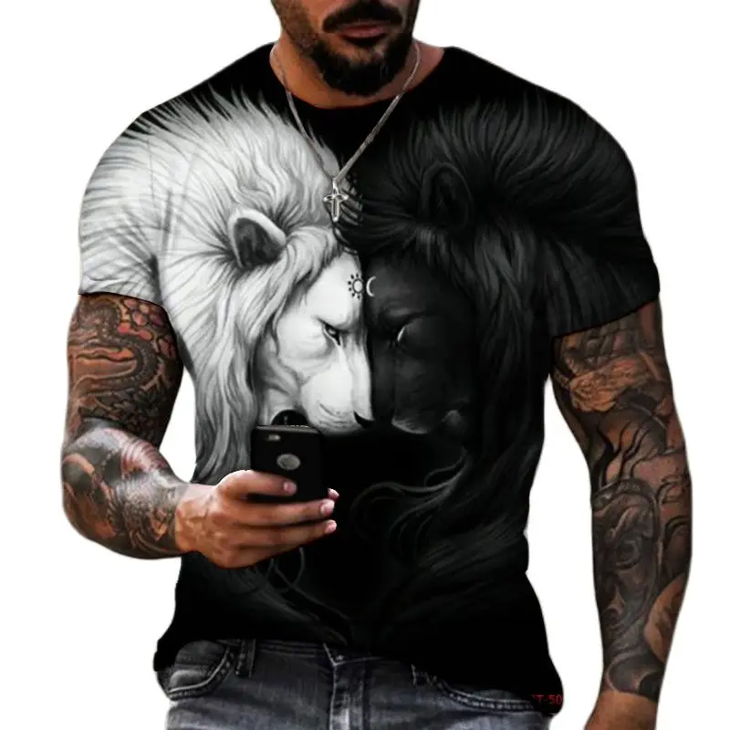 

Футболка мужская оверсайз с коротким рукавом, летняя рубашка из полиэстера с объемным рисунком льва, волка, животного, чудовища, Лев, черно-б...
