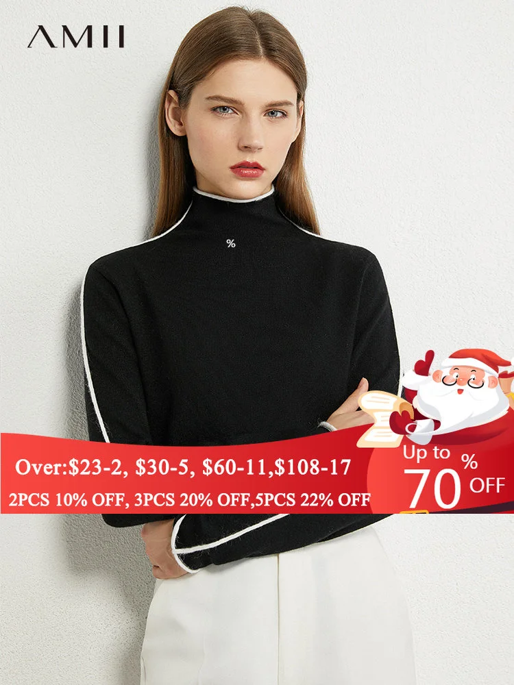

AMII Minimalism Autumn Winter Sweater For Women Causal Spliced Slim Fit Women's Turtleneck Sweaters For Female 12040580