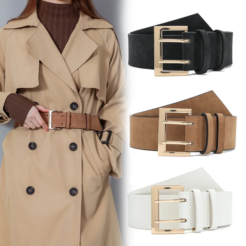 

Pu Leather Wide Belt For Women Alloy Pin Buckle Waist Strap Designer Luxury Female Jeans Trouser Decorative Waistband