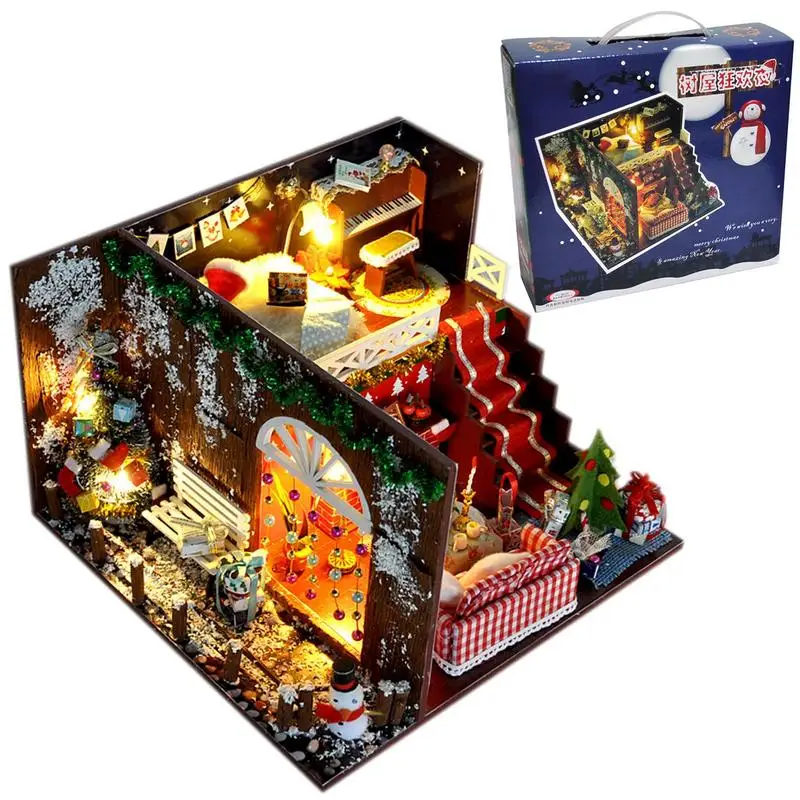 

Набор для рождественской модели кукольного домика, миниатюрный набор «сделай сам» для творческого домика с мебелью и стеклянным чехлом для романтических иллюстраций