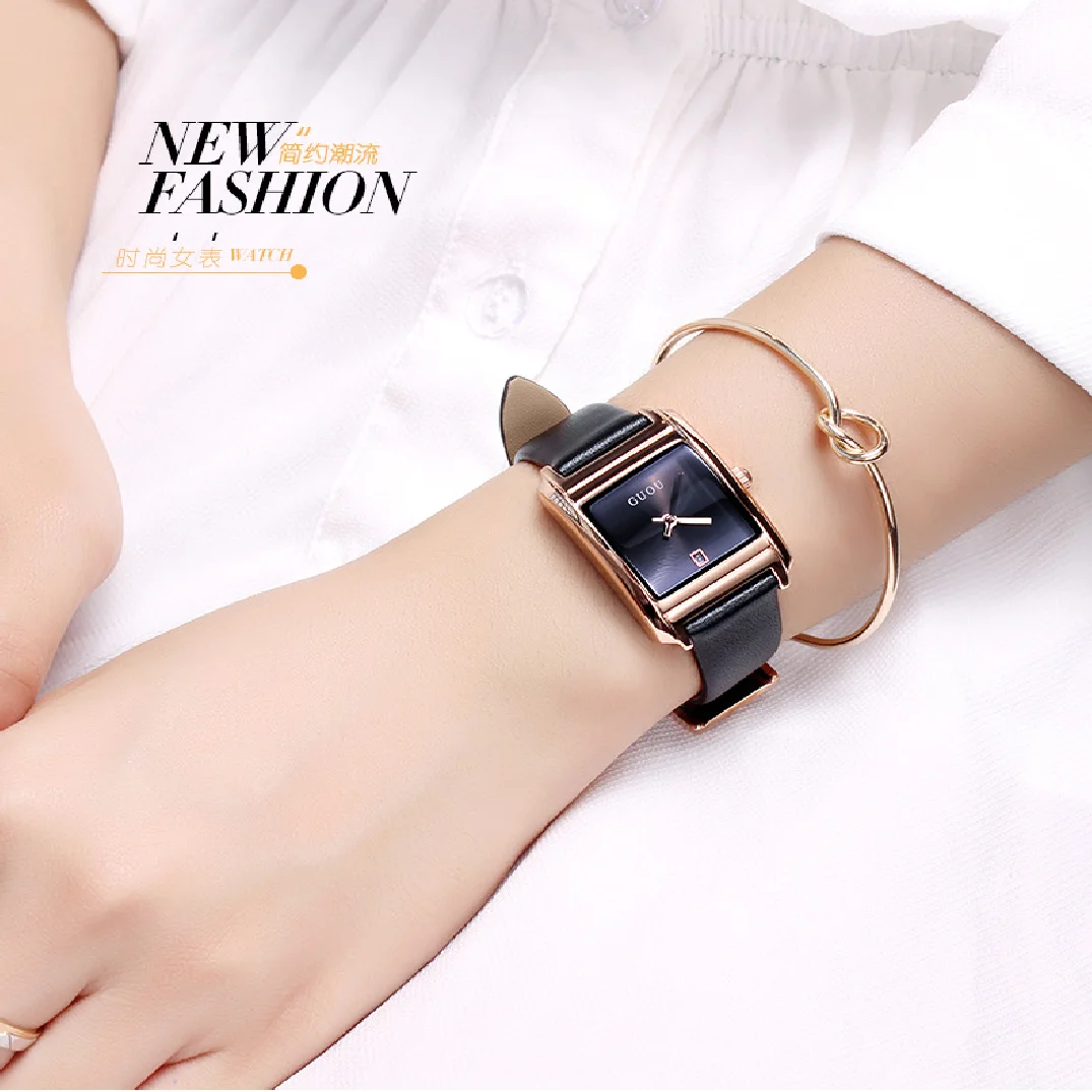Enlarge Fashion Top Guou Brand Quartz Leather Band Watch Women's Watch Square Simple Wwater Calendar Quartz Water Resistant Wristwatches