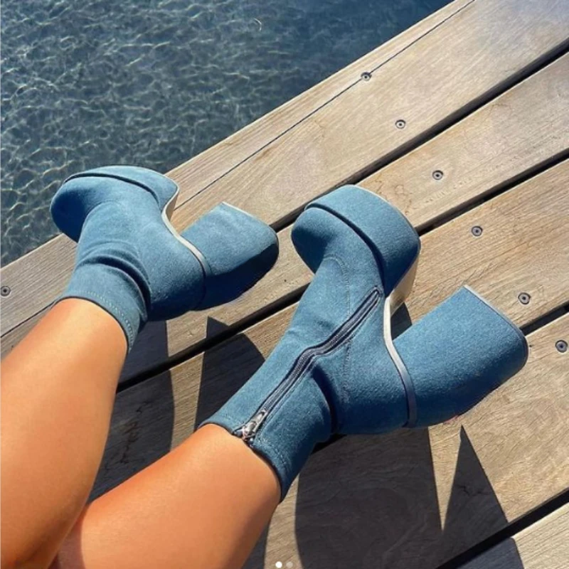 

Women Shoes Ankle Boots Platform Fashion High Shaped Heel Chunky Heels Zipper Designer 43
