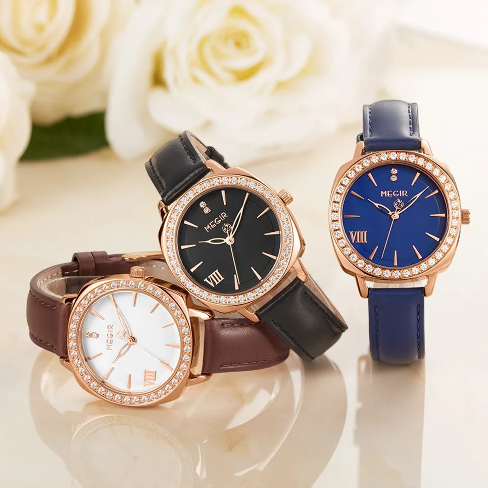 MEGIR модные женские часы роскошный кожаный женский браслет с бриллиантами