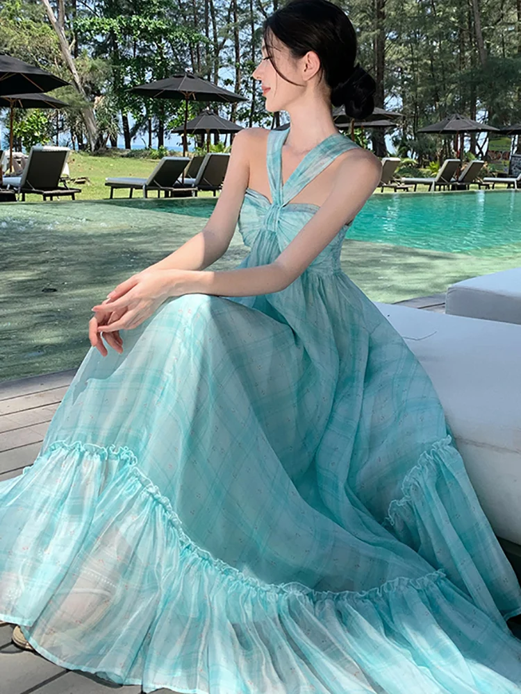 Новинка 2024 шикарное пикантное длинное платье в клетку на бретельках женское