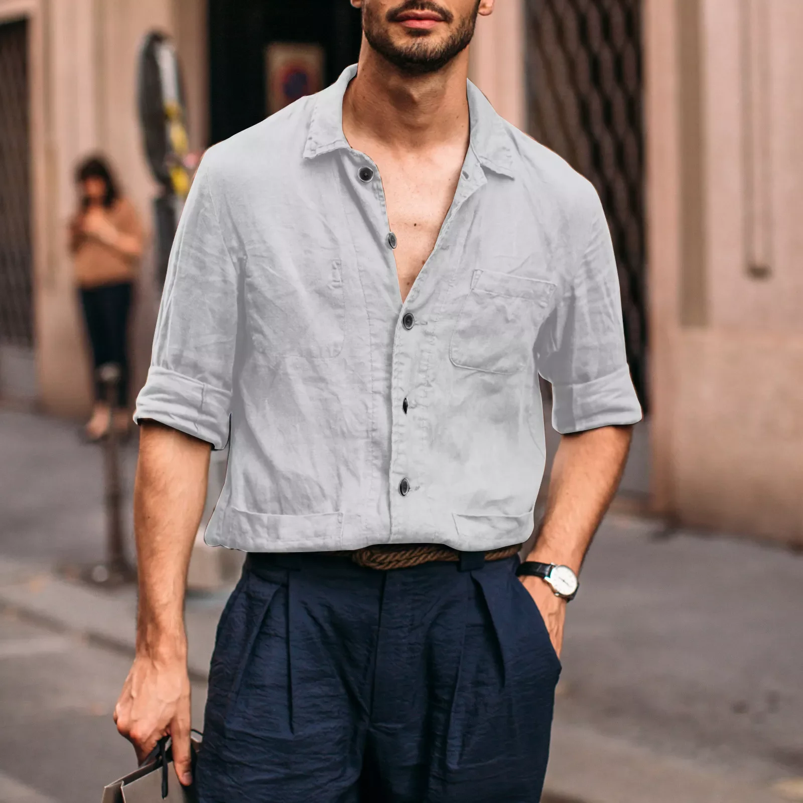 

NEW IN 2022 Designer Spring Summer Men's Cotton Linen Shirts Solid Color Long Sleeve Shirts Loose Stand Collar Tee Shirts C