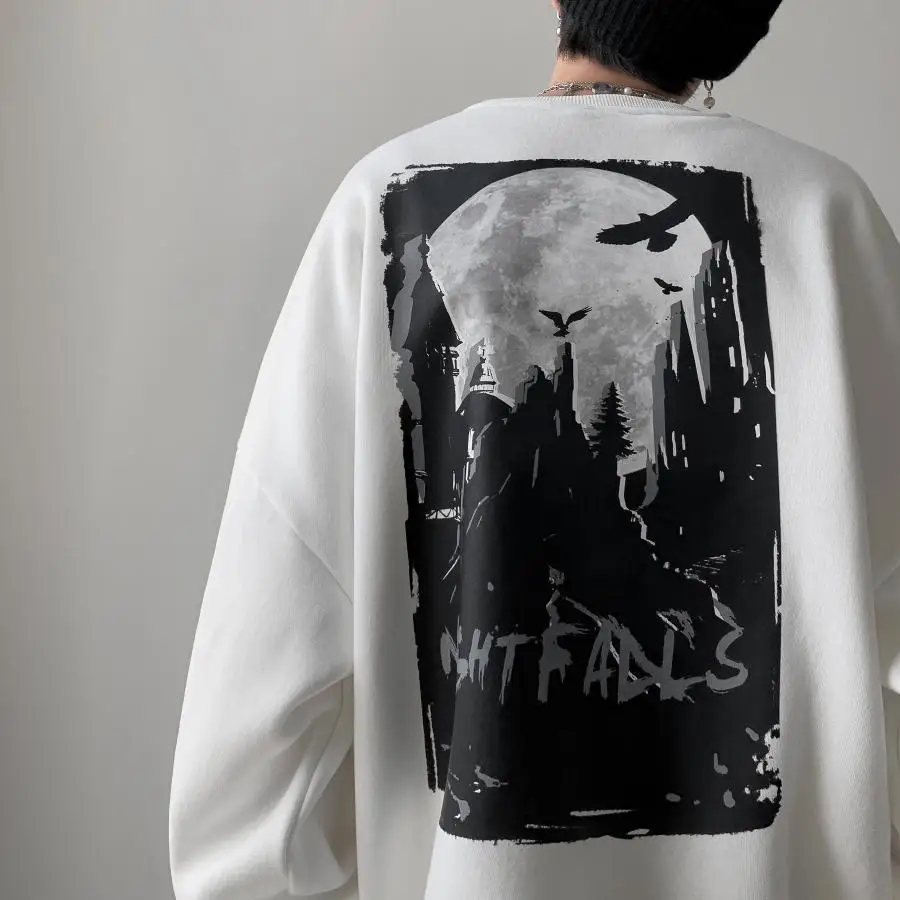 

Пуловер темный с графическим принтом и круглым вырезом, уличная мода с длинным рукавом, свободная универсальная Студенческая одежда оверса...