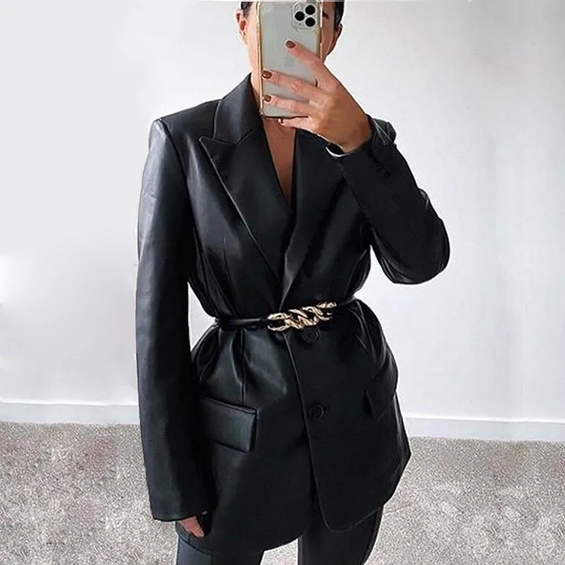 Y2K Women's PU Leather Jacket Adults Coat Long Sleeve Tailored Collar Outwear Fake Pockets Casual High Streetwear
