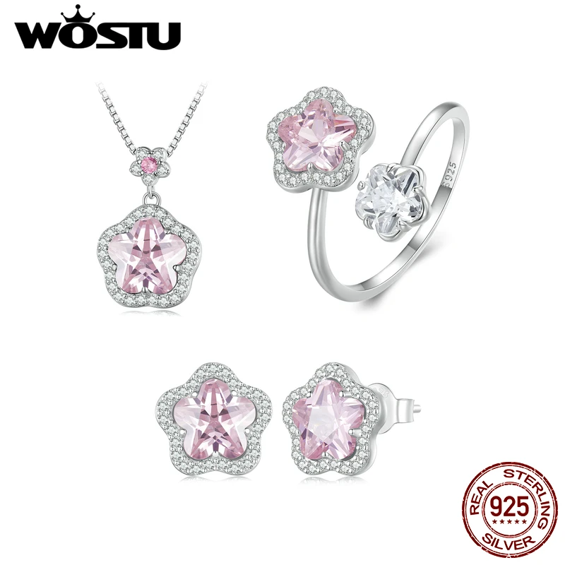 

WOSTU, серебро 925 пробы, маленькое цветочное ожерелье, Открытое кольцо, серьги, набор, цветок, прозрачное стекло для женщин, хорошее ювелирное изделие, подарок