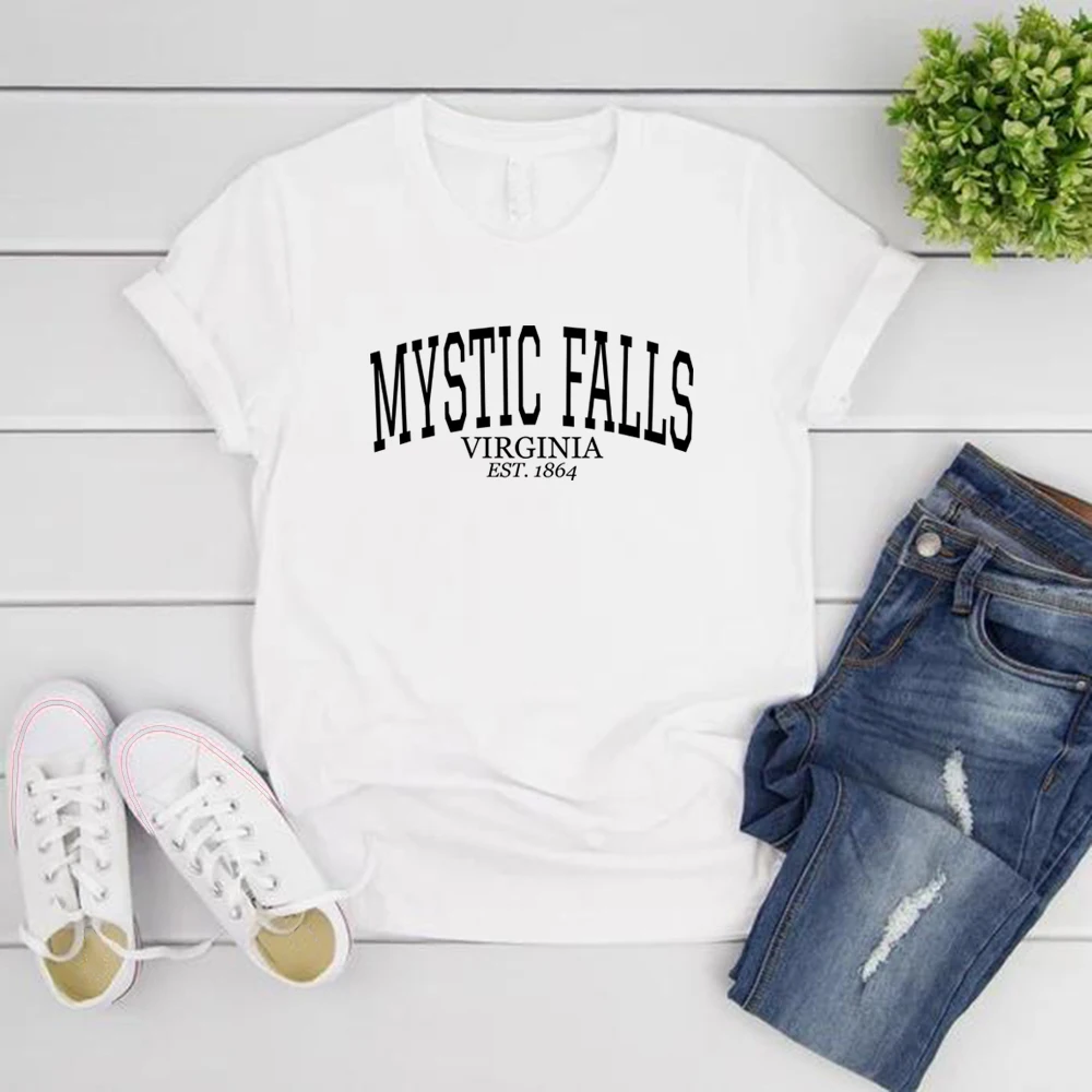 Mystic Falls Virginia Est.1864 T-shirts Cute Gift for Vampire Fan Women T Shirts Vintage Casual Top Salvatore Tshirt Damon Tees