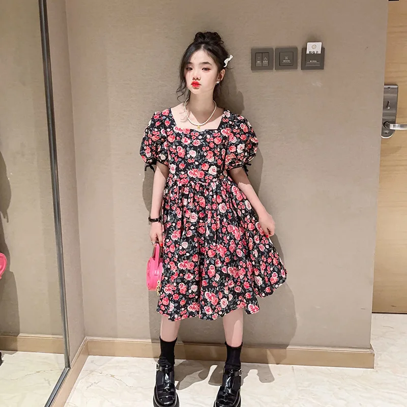 

Летнее платье для девочек, новинка 2023, модные платья с рукавами-фонариками и цветами для маленьких принцесс, детская одежда 4, 6, 8, 10, 12, 14 лет