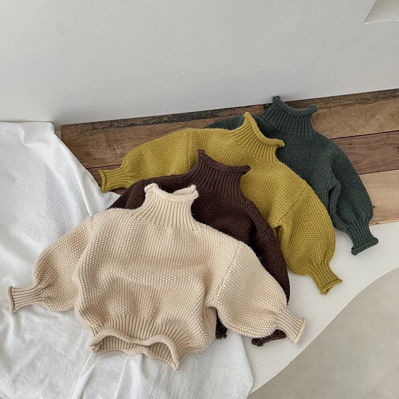 

2022 зимний Повседневный однотонный Свободный пуловер, свитер для маленьких девочек, мягкая водолазка, утепленные топы, простая вязаная одеж...