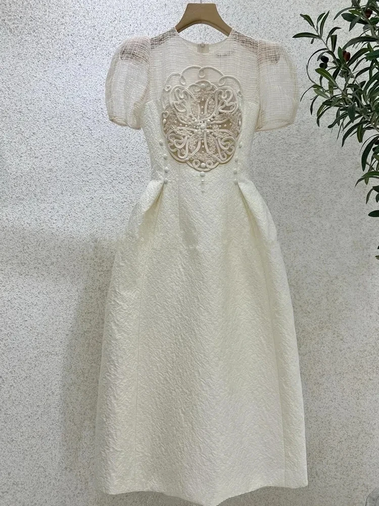 

Французское кружевное платье с вышивкой в стиле дворца, женское летнее шикарное дизайнерское плотное тяжелое газовое Сетчатое платье с бусинами, женская одежда