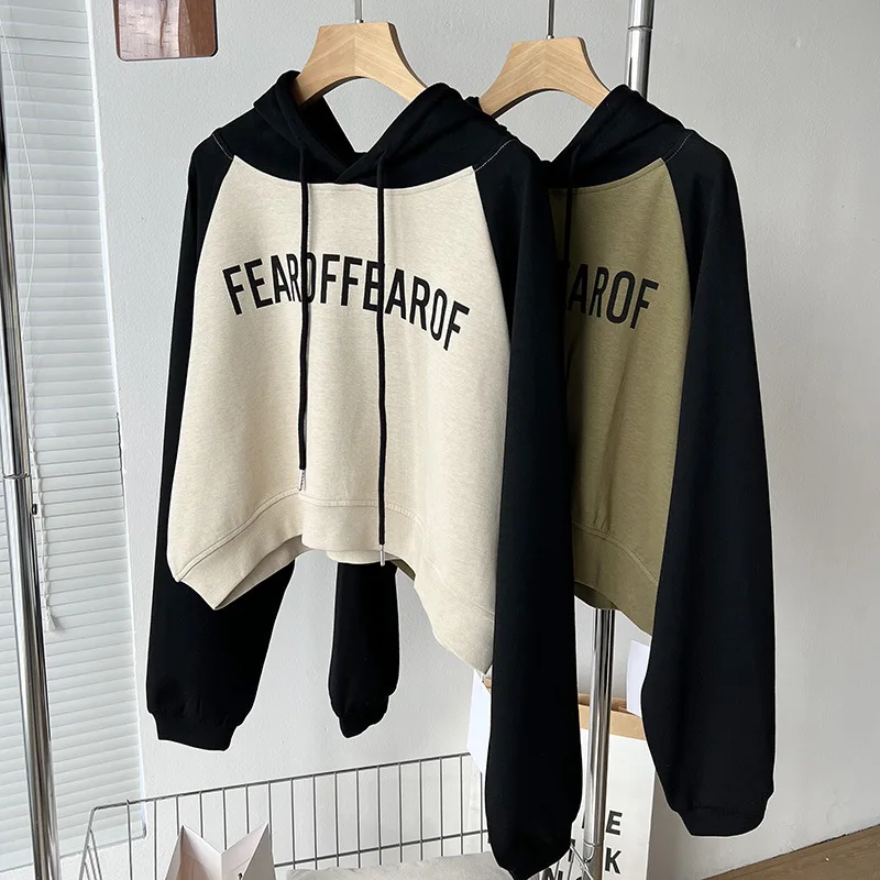 

Letter printing raglan sleeves hooded sweater women's short style new contrast color high waist top
